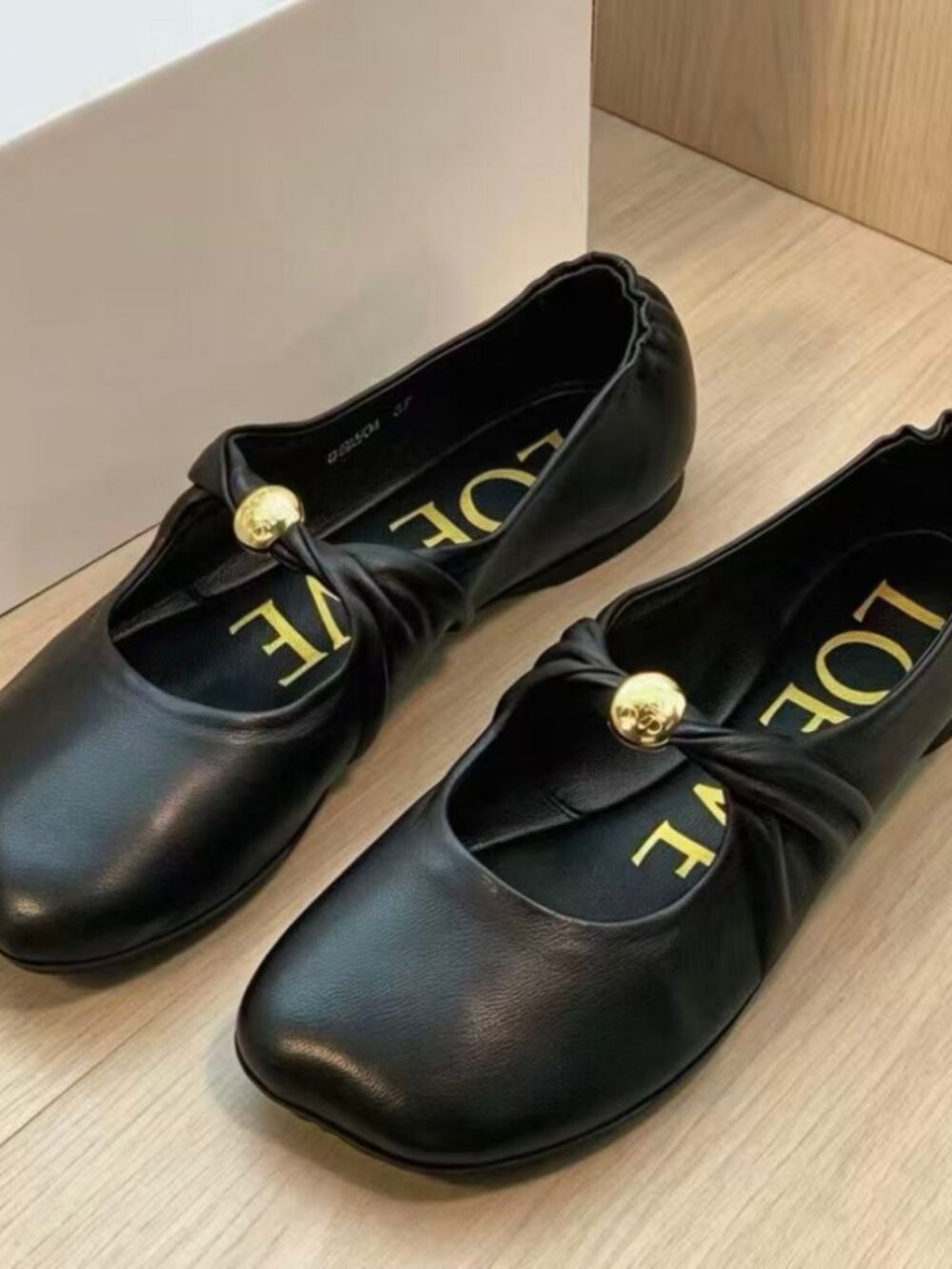 LOEWE Black Leather Twisted Gold Button Mary Jane Flat Shoes